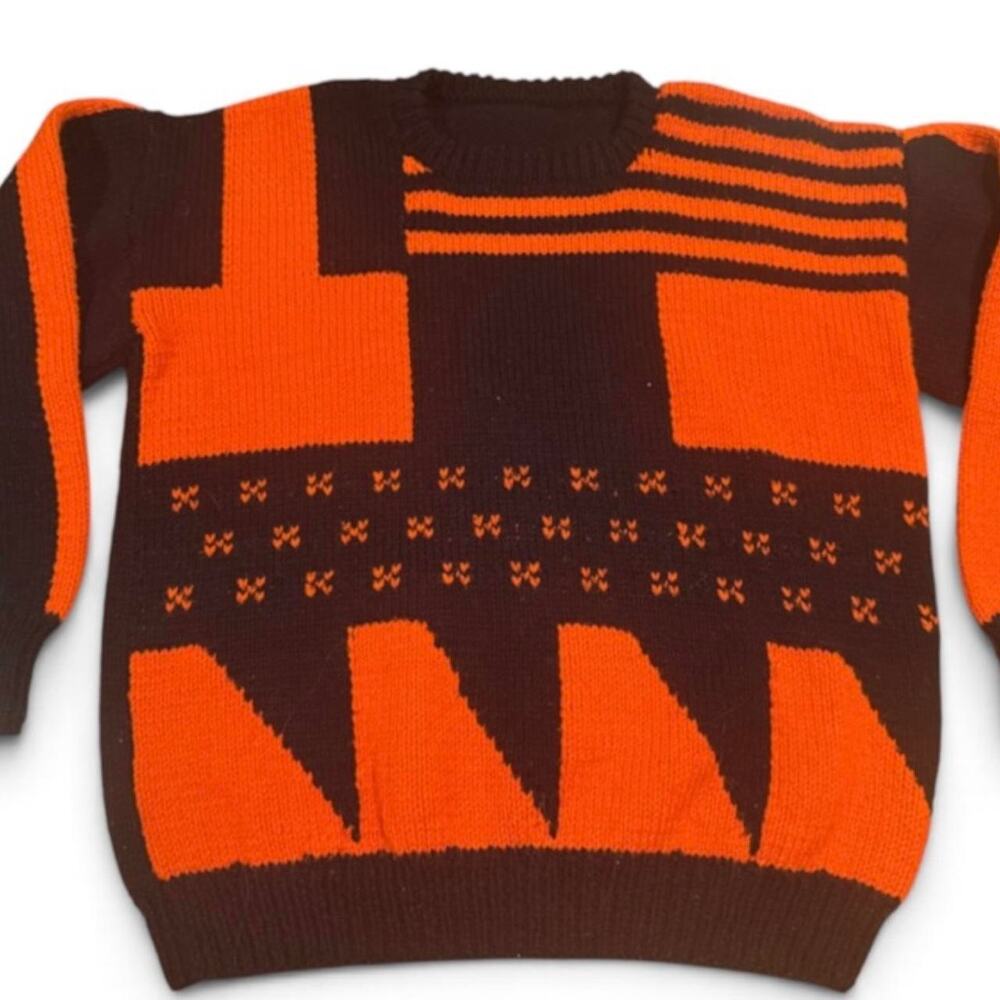 Vintage Hand Knit Halloween Sweater Orange Black Geometric Pullover